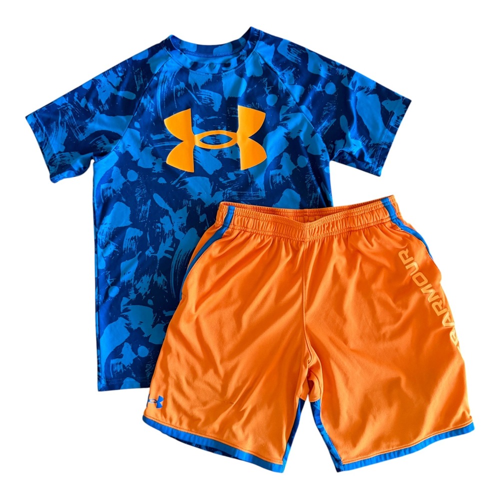 Under Armour Boys Blue Orange Camo Athletic Shirt Shorts Set - Youth Large